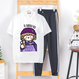 Sét Bộ Quần Áo Nữ Mặc Mùa Hè, Mặc Ở Nhà, Áo Phông Cotton In Khủng Long Kèm Quần Thun Sọc Bo Gấu Phong Cách Teen Hàn Quốc