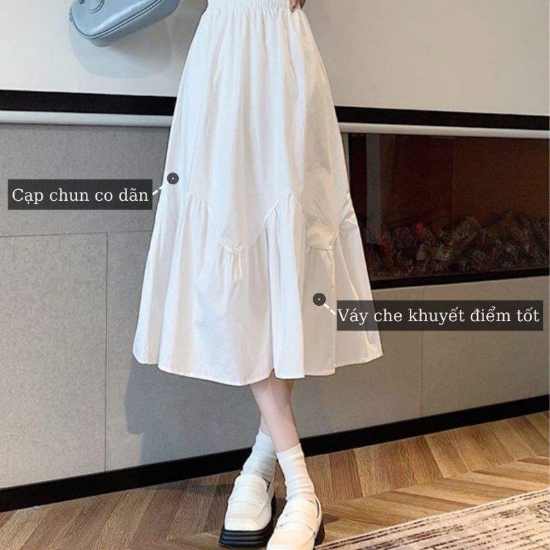 Chân váy dài 2 tầng vải trơn thiết kế đẹp lạ,chân váy dài hai tầng trơn phòng cách hàn quốc dáng xoè chữ a màu trắng 07