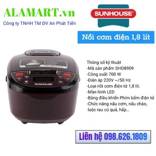 Nồi cơm điện tử sunhouse shd8909 1,8 lít
