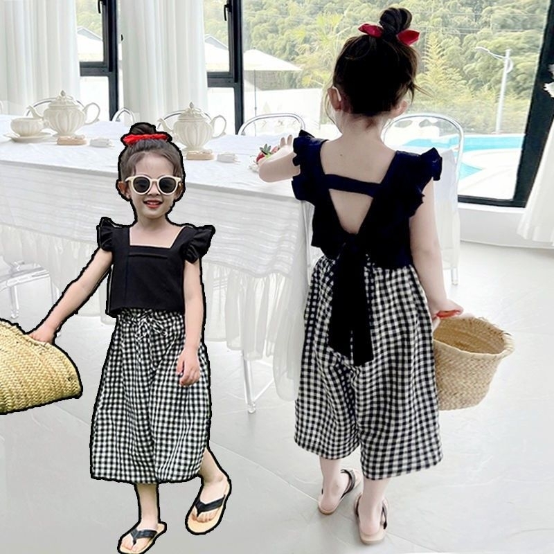 Set Áo Đũi Nơ Quần Ống Rộng Cho Bé Gái