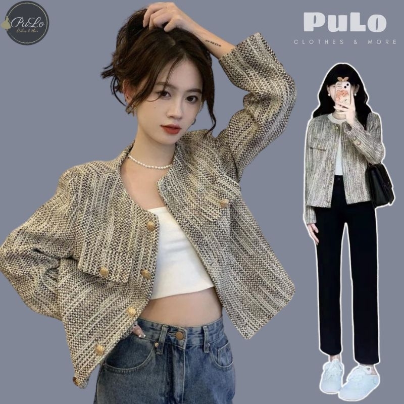 Áo khoác dạ tweed màu muối tiêu 2 lớp dài tay cổ tròn trẻ trung KD601