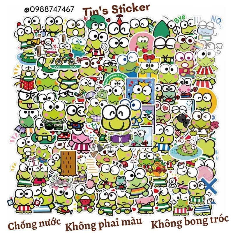Set combo 50 miếng dán sticker sanrio ếch xanh Keroppi dán nón mũ bảo hiểm laptop vali sổ tay đàn guitar điện thoại