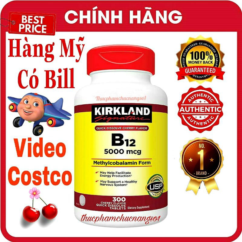 Vitamin B12 Kirkland Signature 5000mcg 300 Viên Uống Bổ Sung Vitamin B12 Cam Kết Chính Hãng