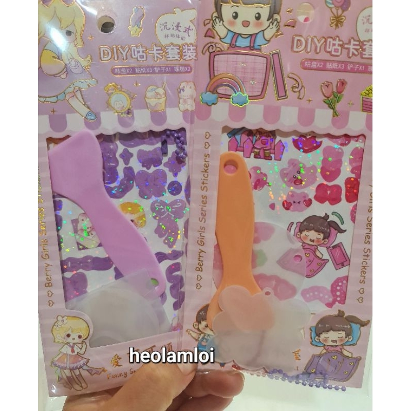 Set 3 tấm sticker bling bling lớn kèm 2 móc khóa treo acrylic DIY, hình dán lấp lánh