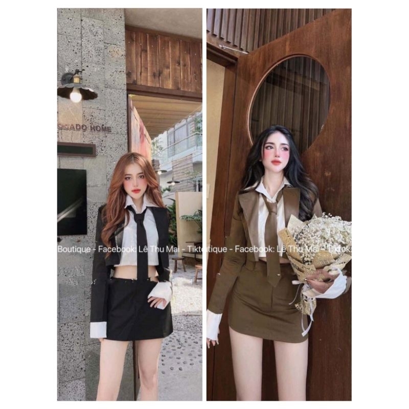 Set chân váy ngắn áo sơ mi trắng croptop tay dài phối áo khoác croptop kèm cà vạt 0402