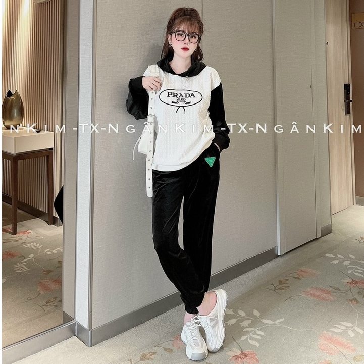 Bộ đồ nữ thu đông Prada chất nỉ phối nhung cao cấp, áo nỉ xốp có mũ phối cùng quần nhung bo gấu