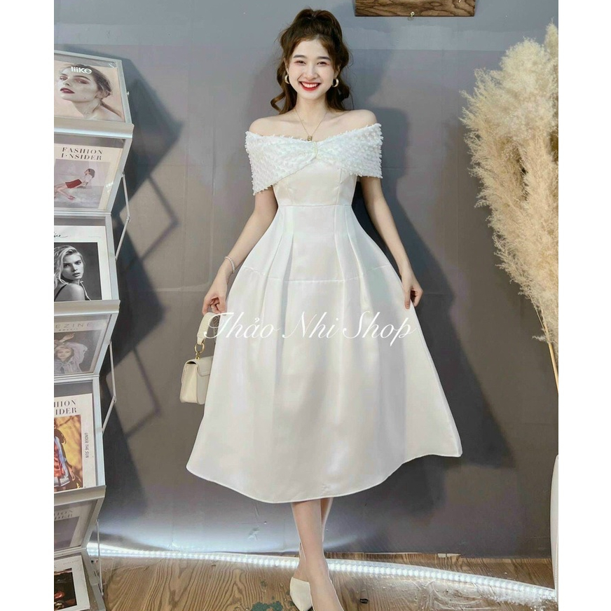 Đầm xòe dự tiệc trễ vai màu đầm trắng thanh lịch sang trọng chất liệu Tapta đứng dáng thời trang nữ ARAVA