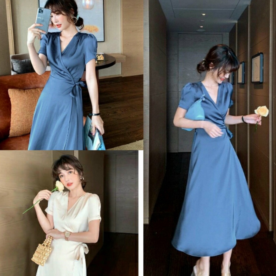 Đầm Nữ Kiểu Pháp Cổ V,Váy Dự Tiệc Maxi lụa Satin Cao Cấp Mềm Mịn Full 2 Lớp Quý Phái Sành Điệu Thời Trang Thiết Kế [MJP]