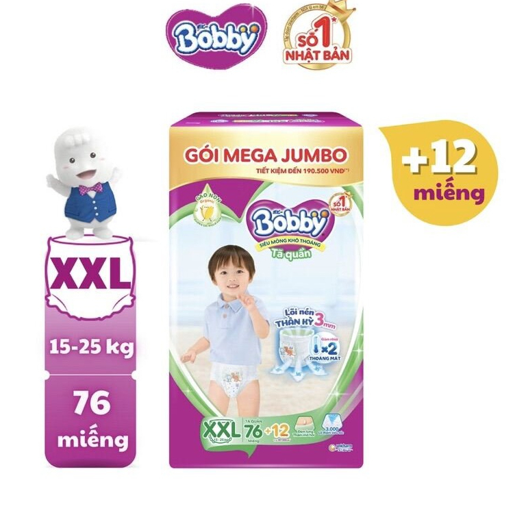 Tã quần Bobby Lõi nén thần kỳ 3mm Gạo non Mega Jumbo XXL76+12/76+4