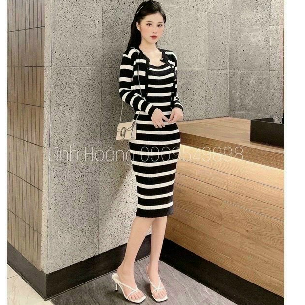Set len đầm 2 dây body sọc ngang form dài kèm áo khoác tay dài
