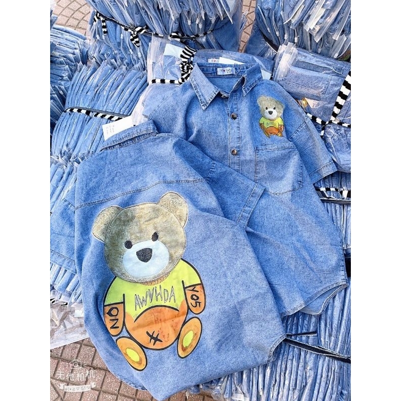 Áo sơ mi cộc tay nữ chất jeans hình gấu ép 3D đẹp