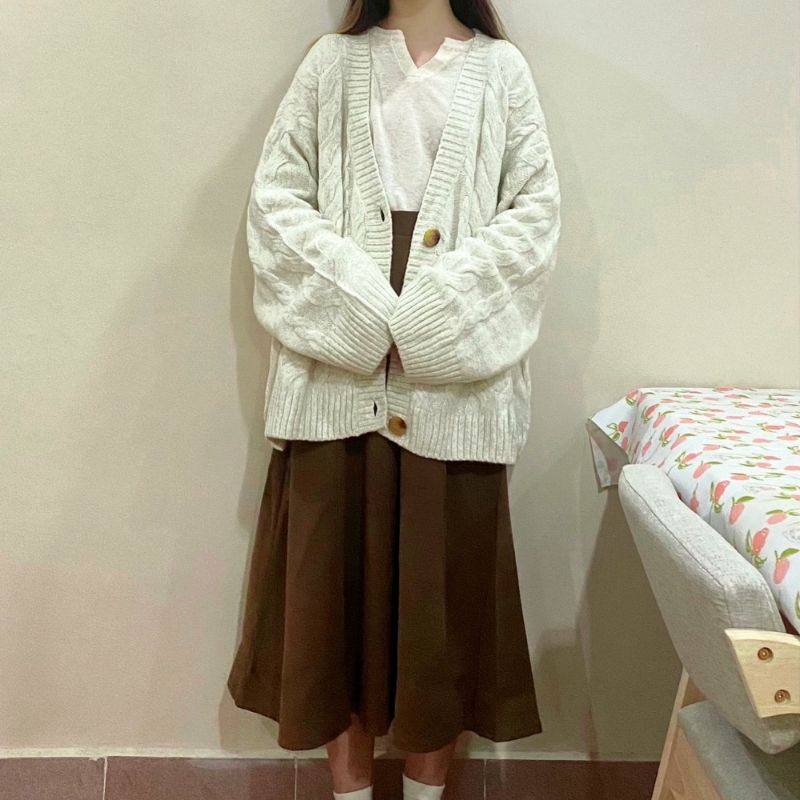 Chán váy chữ a dài qua gối phong cách hàn quốc,chân váy nỉ dáng dài cạp chun màu nâu be 05