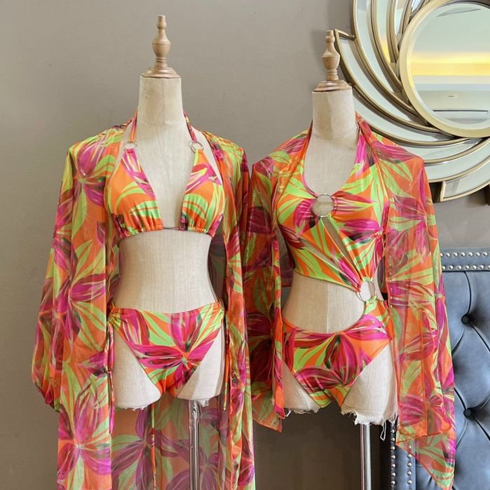 Set bikini tam giác, set đồ bơi liền lá cam neon khuyên lệch kèm khăn voan cao cấp