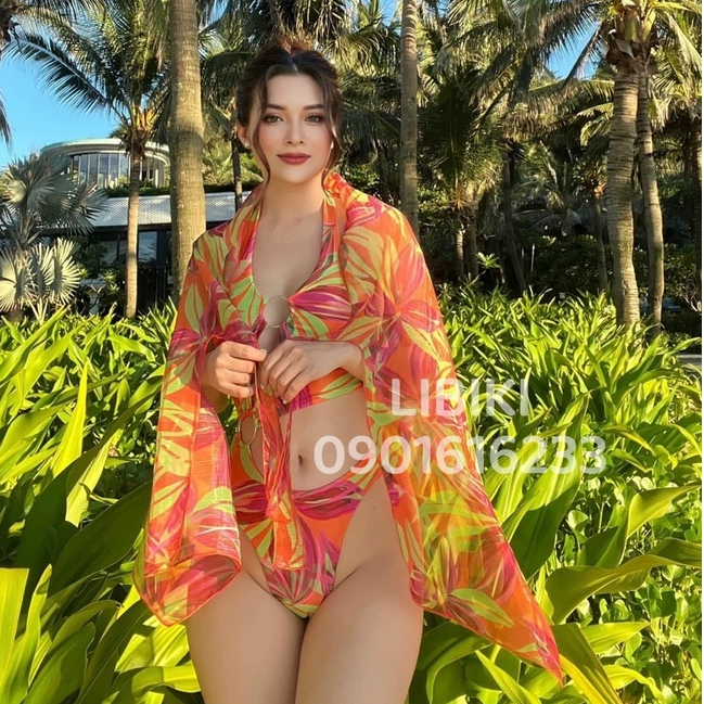 Set bikini tam giác, set đồ bơi liền lá cam neon khuyên lệch kèm khăn voan cao cấp