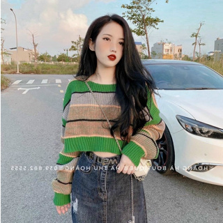 Áo len nữ  dệt kim cổ tròn TAY DÀI dáng CROPTOP kẻ sọc xanh phong cách Hàn Quốc cá tính hàng Quảng Châu có hình thật #0