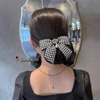 Cài tóc nơ , kẹp búi tóc lưới nơ caro phụ kiện công sở văn phòng