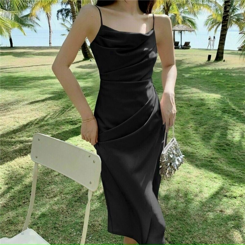 Đầm ôm nhẹ 2 dây xếp li, cổ đổ,  dây kéo sau lưng Lh0917399527