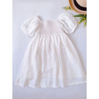 Váy đầm trắng, ngực nhún Smock, tay búp cho bé gái 7kg - 25kg