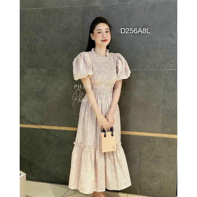 Váy Thô Xòe Nhún Ôm Ngực Đầm Midi Hoa Nhí Tay Phồng Đuôi Bèo Dáng Vintage Thanh Lịch