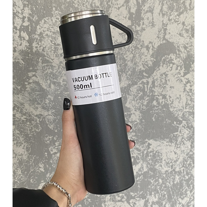 Bình giữ nhiệt mini 500ml Chính Hãng VACUUM lõi inox kèm 2 cốc giữ nhiệt cao cấp, FullBox làm quà tặng sang trọng