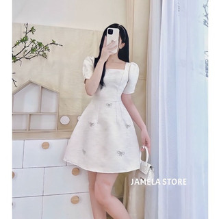 [JAMELA] Đầm dự tiệc cổ vuông đính nơ thiết kế