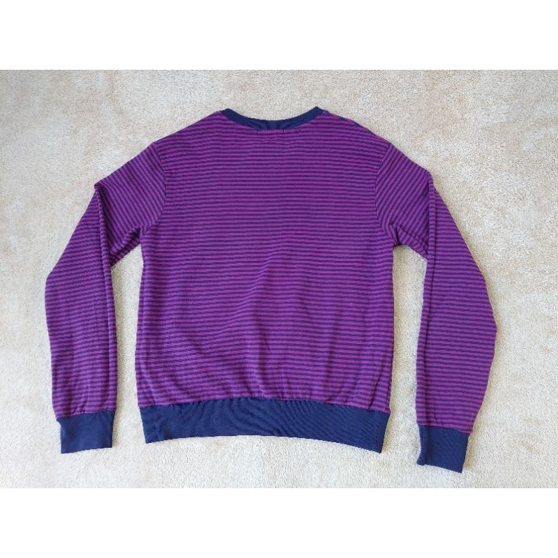 Áo sweater nữ BERSHKA kẻ sọc ngang màu xanh đen phối hồng tím cổ tròn tay dài chất thun da cá