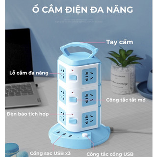 Ổ Cắm Điện Đa Năng 3 tầng, 4 tầng thiết kế thông minh có cổng sạc USB và nhiều ổ cắm, dây cáp dài 3m di chuyển tiện lợi