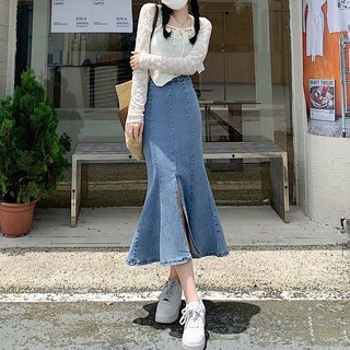 Chân váy jean đuôi cá lưng cao xẻ trước