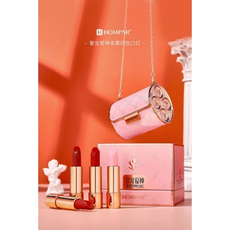 Set son túi hồng 4 son môi Hompar