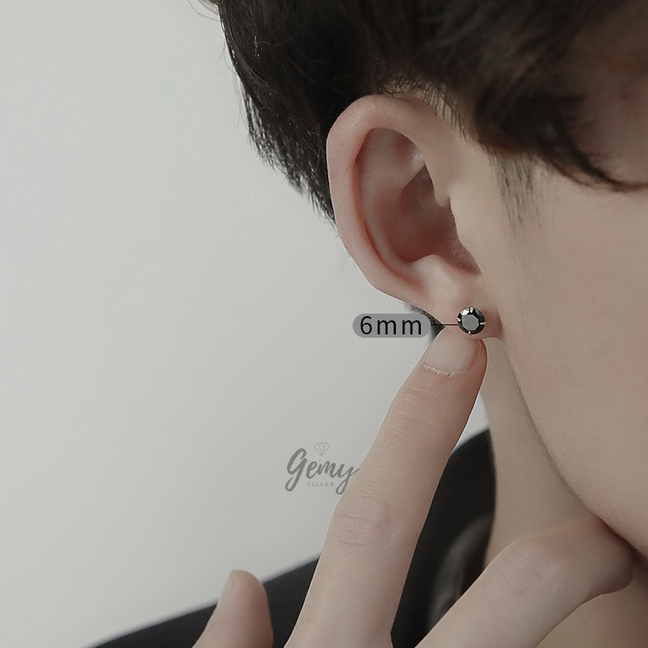 Khuyên tai nam bạc s925 màu đen nụ đá nhân tạo nhiều size đơn giản, unisex (1 chiếc) | GEMY SILVER K256