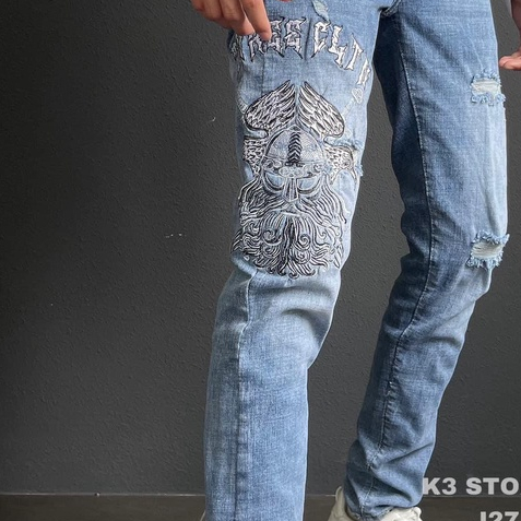 Quần jean nam dài xanh rách full thêu đầu râu THREE CLTN chất denim có độ co giãn thoải mái J2712 K3 STORE