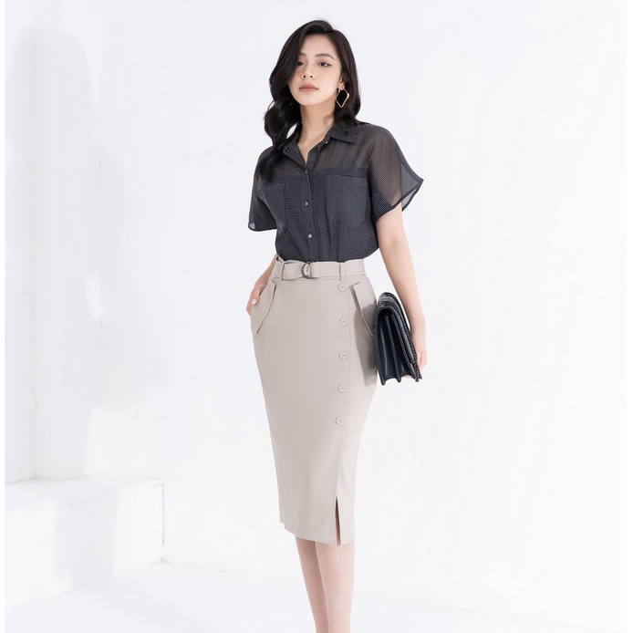 Chân váy dáng dài ôm xẻ trước công sở HeraDG thiết kế đai eo rời cúc bọc trang trí dọc thân túi ốp 2 bên SJPBB2042
