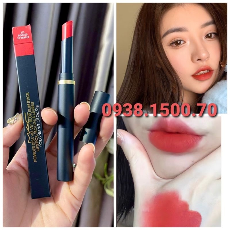 SON THỎI LÌ BỀN MÀU 8 TIẾNG Mac Ladies Powder Kiss Velvet Blur Slim Lipstick 875 Devoted To Danger ✌ĐỎ CAM
