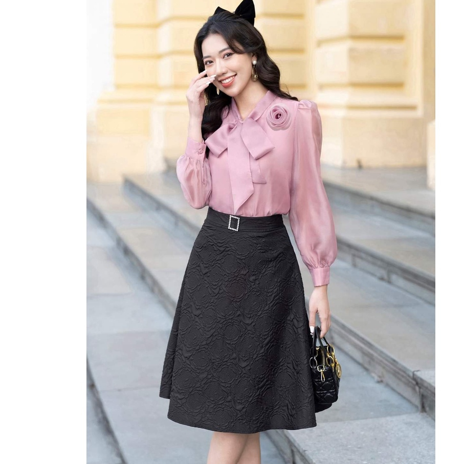 Chân Váy Midi Nữ Dáng Dài Vân Gấm Công Sở Nữ Tính Thanh Lịch