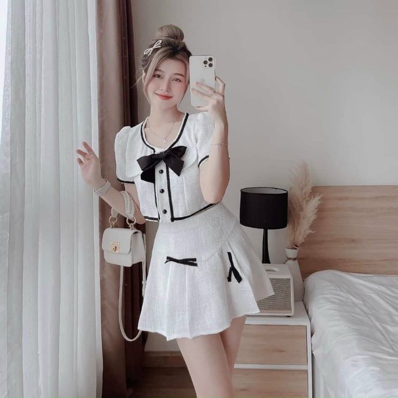 Sét bộ đồ nữ kèm chân váy xếp ly họa tiết áo đính nơ  tôn dáng trẻ trung nhí nhảnh Vip45