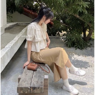 Set áo thô mix chân váy kaki dáng dài