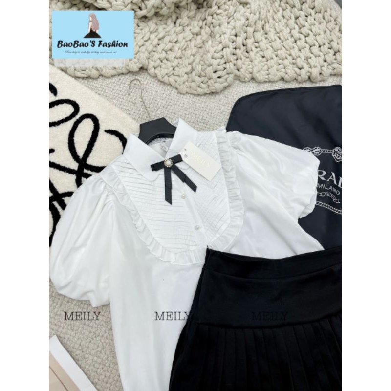 Set áo sơ mi nơ và chân váy xếp ly trẻ trung siêu xinh M