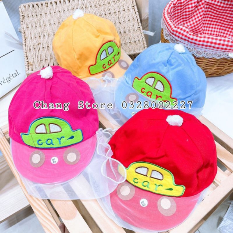 Nón / mũ có lưới cho bé gái, bé trai che voan chống bụi, cản gió cho bé đi đường, mũ tai sơ sinh