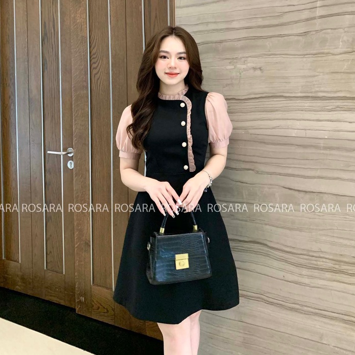 Váy Đầm Đen Phối Tay Ngắn Hồng Bồng Thời Trang Nữ Rosara VA21