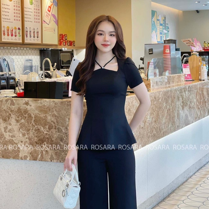 Áo Sơ Mi Peplum Đen Ngắn Tay Chiết Eo Thời Trang Nữ Rosara SM33