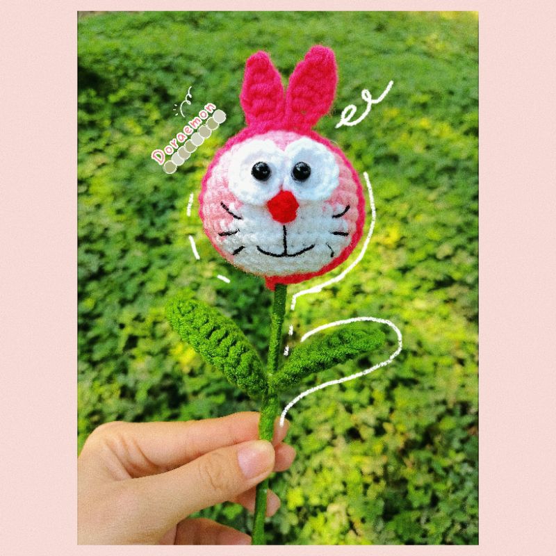 bông hoa doremon màu hồng bằng len siêu cute (ảnh thật)