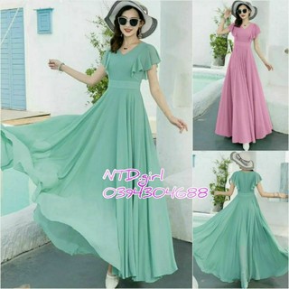 Đầm dáng xòe maxi chiffon cánh tiên cổ V, váy xòe dự tiệc hay đi biển đều xinh - DTH