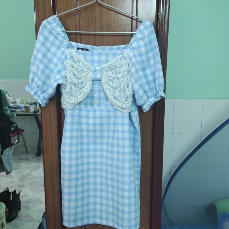 Pass Đầm bigsize caro xanh phối ren nơ trắng MUP Bigsize