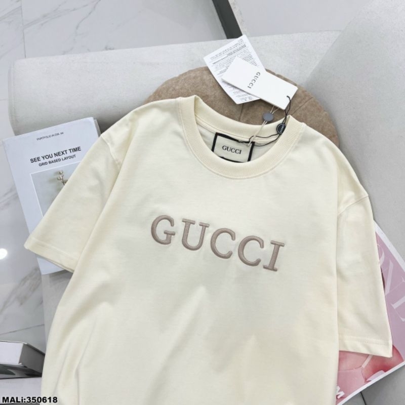 Áo phông thêu chữ Gu ccì siêu hót chữ thêu nổi màu be, đen, áo phông cotton