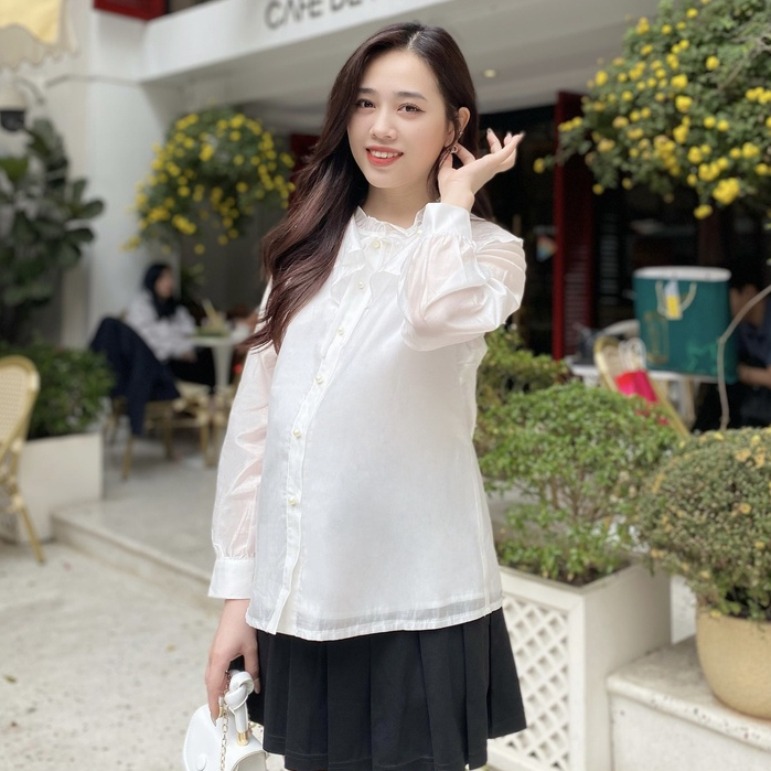 MEDYLA - Áo sơ mi bầu công sở tơ trắng 2 lớp cho bầu đi làm đi chơi cực xinh - ASM146