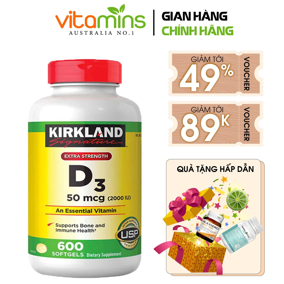 Viên uống bổ sung vitamin D3 Kirkland Signature Vitamin D3 2000IU 600 viên - Tăng hấp thụ Canxi Mỹ