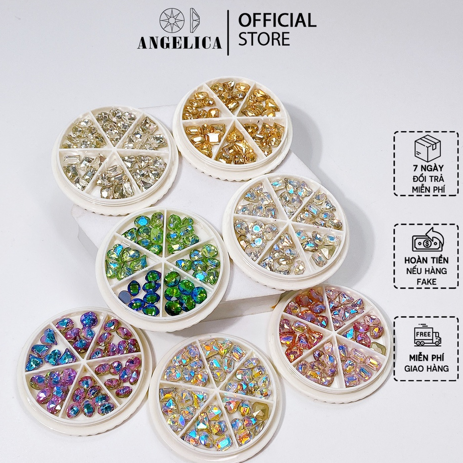 Đá khối nail màu trắng khay tròn mix hình trang trí móng ANGELICA KTK 36 Viên