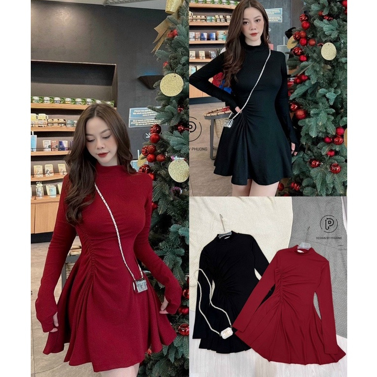 Đầm cổ tròn tay dài dáng ngắn xòe rút dây 1 bên eo cực hot , chất thun gân dày dặn lt