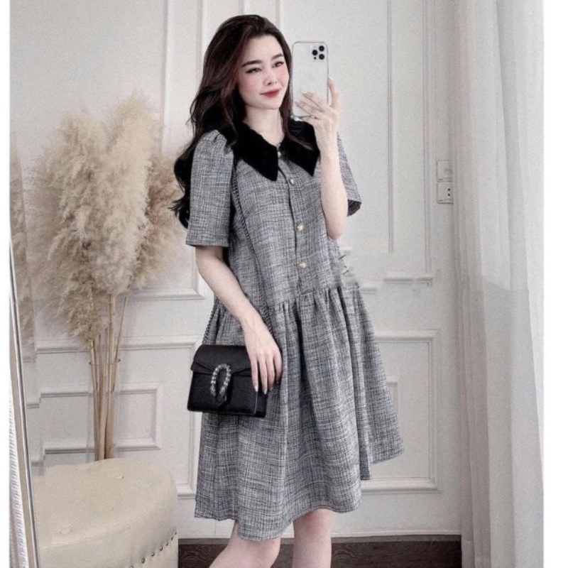 Váy bầu thiết kế màu ghi dạ phối cổ đen điệu đà cực xinh