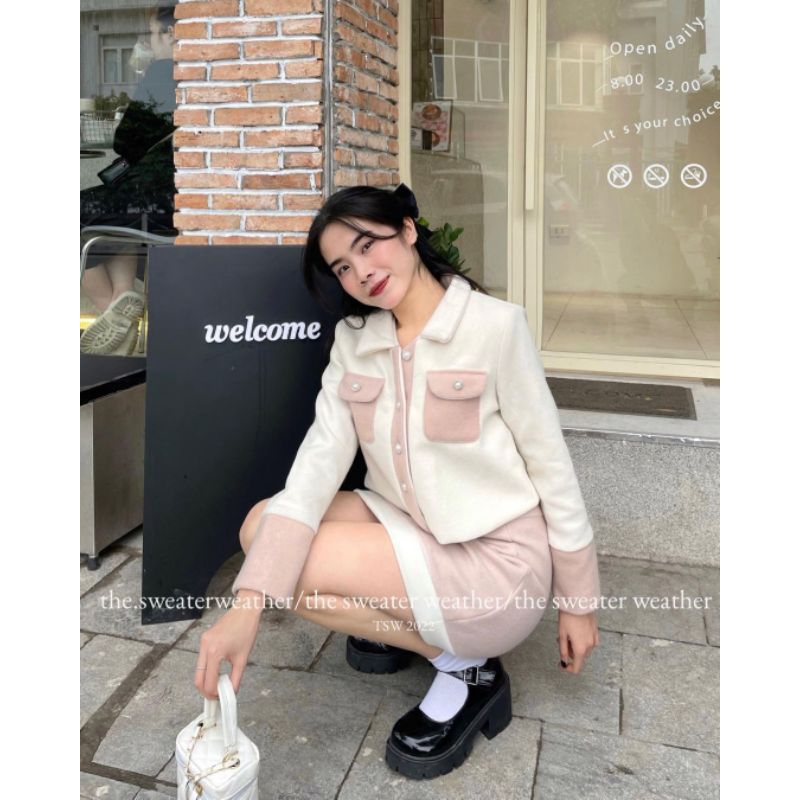 Set Dạ Ép Lông Cừu Cúc Ngọc Mix Chân Váy Chữ A Hàng Thiết Kế Tesoro Clothes